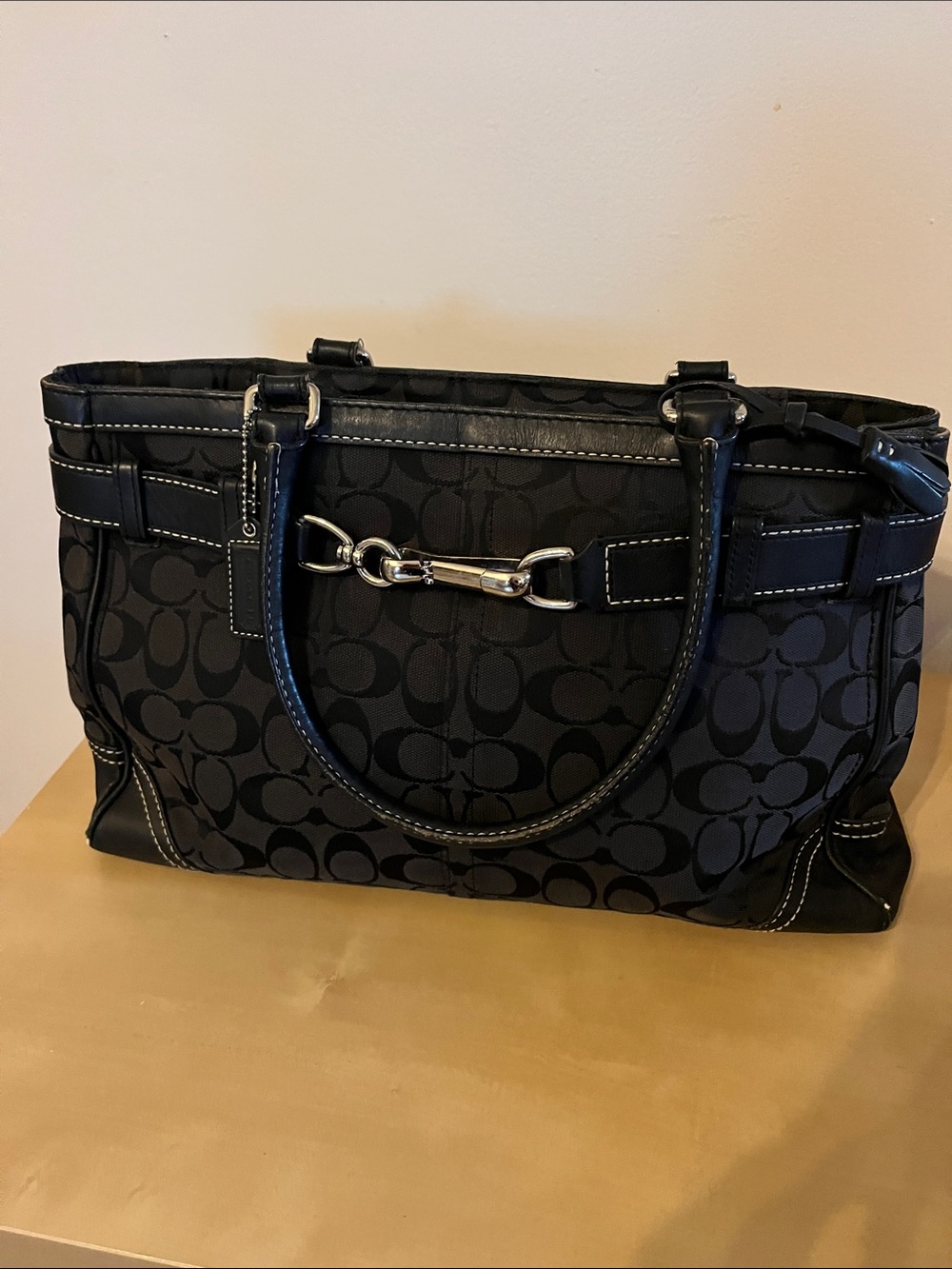 Coach Black Signature Canvas Jacquard Tote with Belt-Buckle Hardware